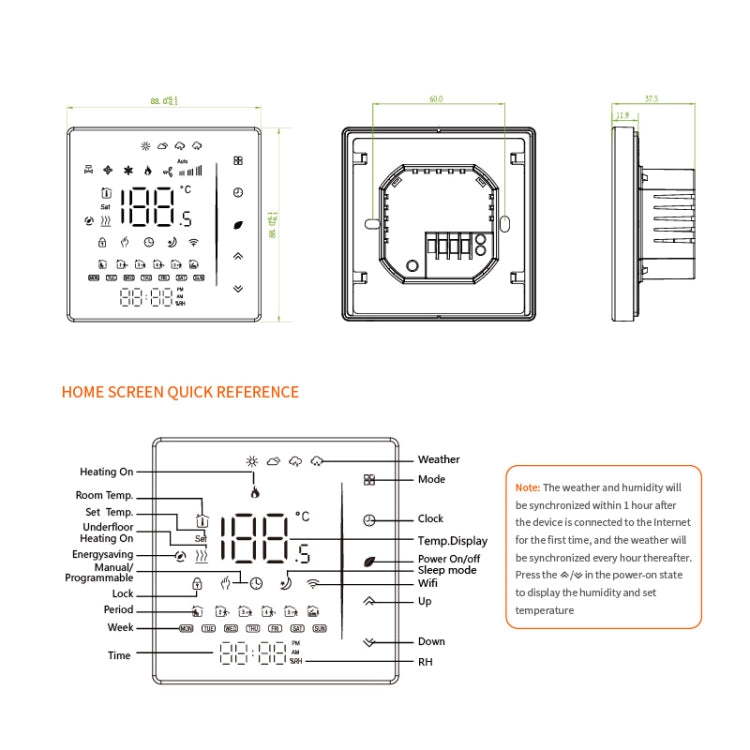 BHT-006GBLW 95-240V AC 16A Smart Home Heating Thermostat for EU Box, Control Electric Heating with Only Internal Sensor & External Sensor & WiFi Connection (White)