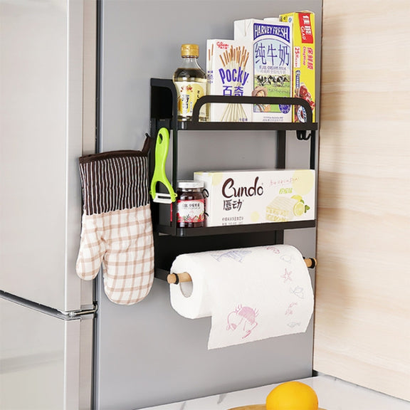 Kitchen Double Layers Magnetic Refrigerator Rack Storage Holder (Black)