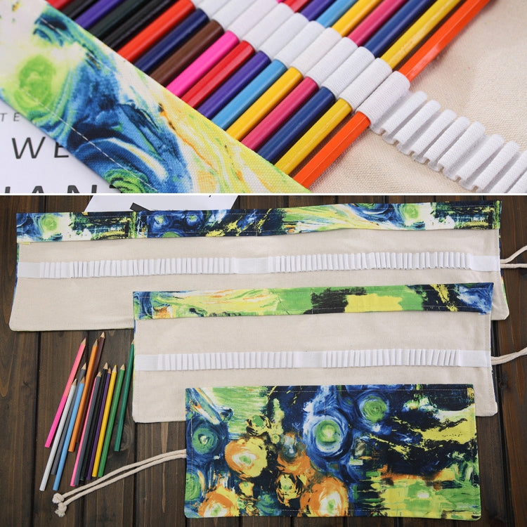 48 Slots Van Gogh Oil Painting Print Pen Bag Canvas Pencil Wrap Curtain Roll Up Pencil Case Stationery Pouch - free shipping - PMC TechLife - Order now!