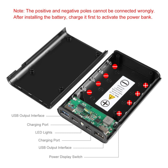 HAWEEL DIY 4x 18650 Battery (Not Included) 12000mAh Dual-way QC Charger Power Bank Shell Box with 2x USB Output & Display,  Support QC 2.0 / QC 3.0 / FCP / SFCP /  AFC / MTK / BC 1.2 / PD(Black)