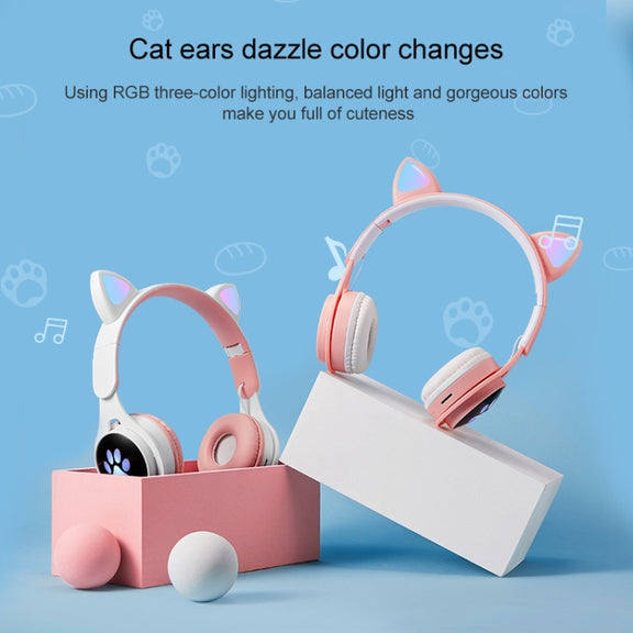 B30 Cat Paw Cat Ears Colorful Luminous Foldable Bluetooth Headset with 3.5mm Jack & TF Card Slot(White)
