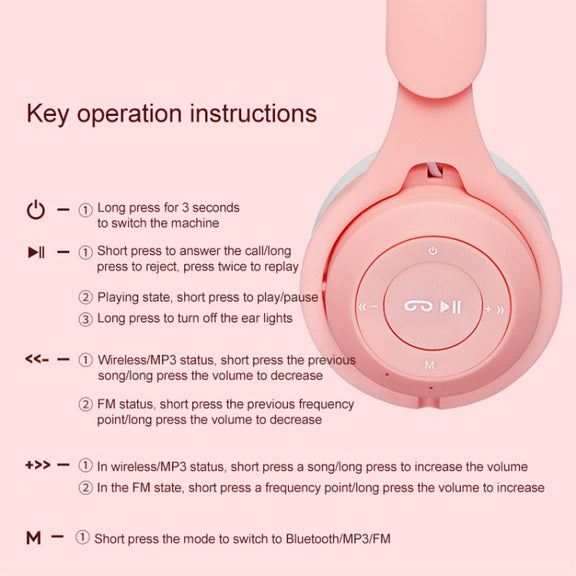 M6 Luminous Cat Ears Two-color Foldable Bluetooth Headset with 3.5mm Jack & TF Card Slot(Pink)