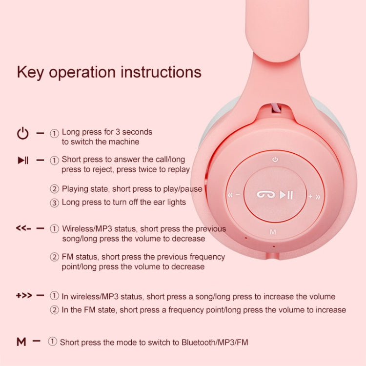 M6 Luminous Cat Ears Two-color Foldable Bluetooth Headset with 3.5mm Jack & TF Card Slot(Pink)