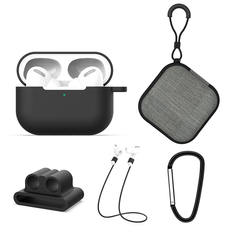 For AirPods Pro 5 in 1 Silicone Earphone Protective Case + Earphone Bag + Earphones Buckle + Hook + Anti-lost Rope Set(Black) - For AirPods Pro by PMC TechLife | Online Shopping South Africa | PMC TechLife | Buy Now Pay Later Mobicred