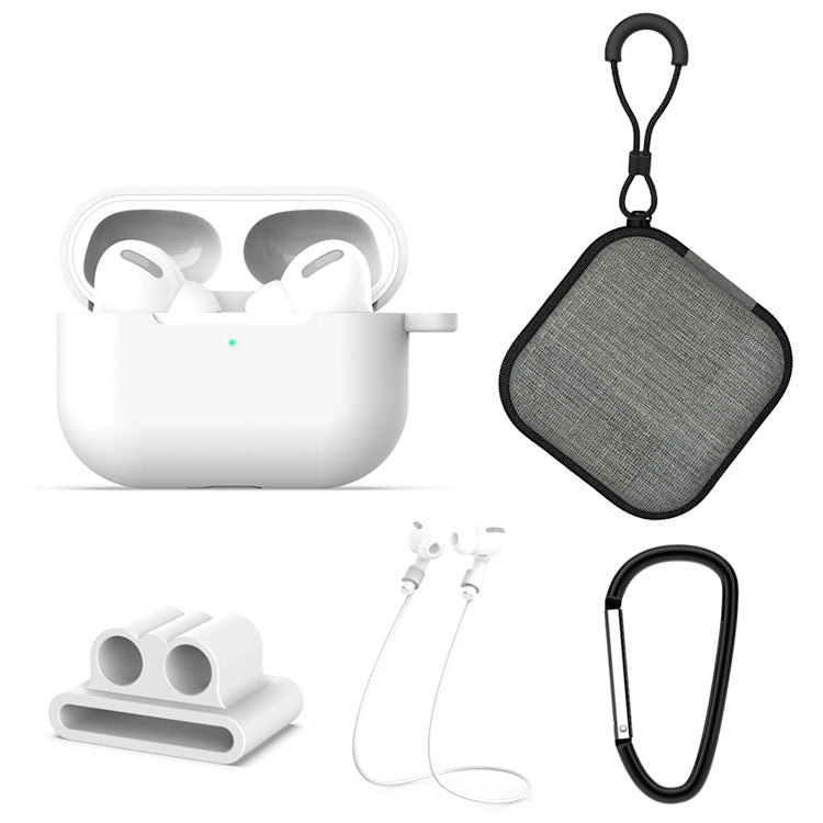 For AirPods Pro 5 in 1 Silicone Earphone Protective Case + Earphone Bag + Earphones Buckle + Hook + Anti-lost Rope Set(White) - free shipping - PMC TechLife - Order now!