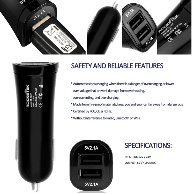 ROCKETEK CC2P DC 5V 4.2A Dual USB Smart Car Charger - Car Charger by ROCKETEK | Online Shopping South Africa | PMC Jewellery | Buy Now Pay Later Mobicred