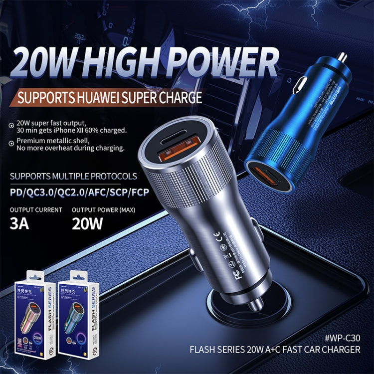 WK WP-C30 20W QC3.0 USB + PD UB-C / Type-C Interface Flash Series Car Fast Charger(Silver) - free shipping - PMC TechLife - Order now!