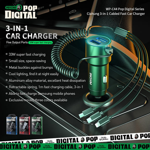WK WP-C44 Pop Digital Series Ciahung 3-in-1 Cabled 33W Dual-USB Fast Car Charger (Green)