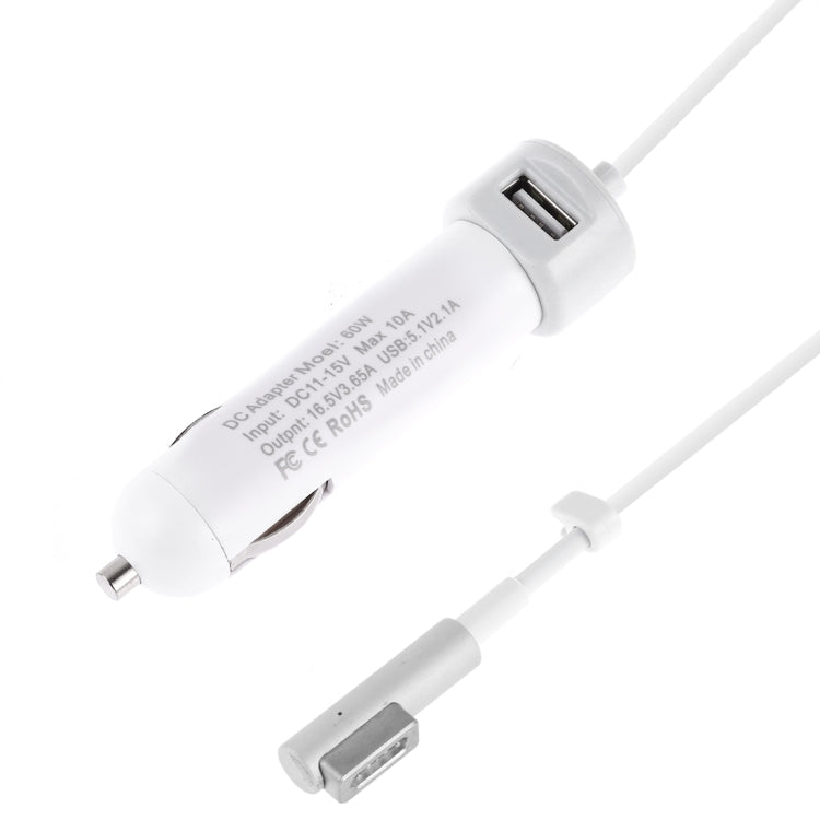 60W 5.1V 2.1A USB Interface Car Charger with 16.5V 3.65A L MagSafe Interface Data Cable(White) - Car Charger by PMC TechLife | Online Shopping South Africa | PMC TechLife