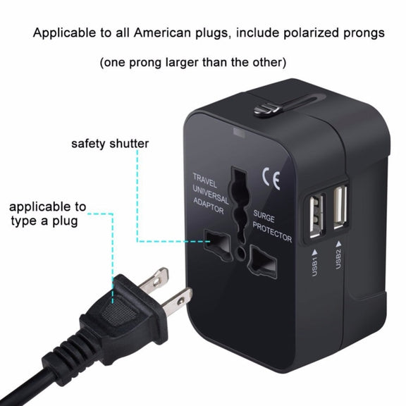 Portable Multi-function Dual USB Ports Global Universal Travel Wall Charger Power Socket, For iPad , iPhone, Galaxy, Huawei, Xiaomi, LG, HTC and Other Smart Phones, Rechargeable Devices(Black)