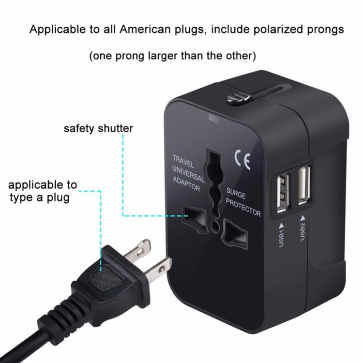 Portable Multi-function Dual USB Ports Global Universal Travel Wall Charger Power Socket, For iPad , iPhone, Galaxy, Huawei, Xiaomi, LG, HTC and Other Smart Phones, Rechargeable Devices(Black)