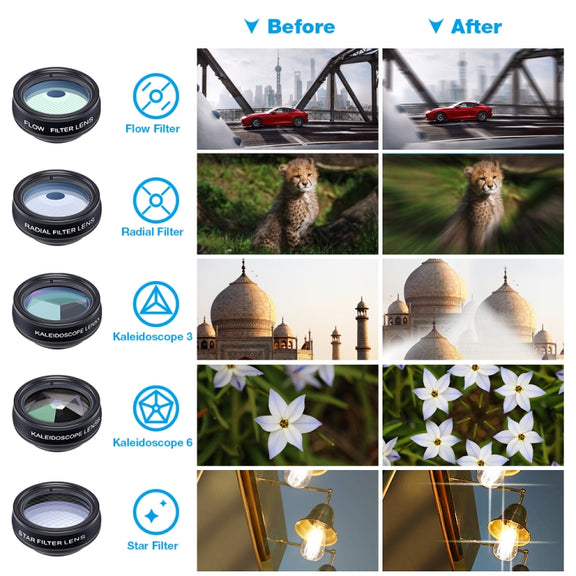 APEXEL APL-DG10 Macro Wide-angle Fisheye Telephoto CPL Flow Filter Radial Filter Star Filter Kaleidoscope 3 & 6 Lens Kit, For iPhone, Samsung, Huawei, Xiaomi, HTC and Other Smartphones, Ultra-thin Digital Camera