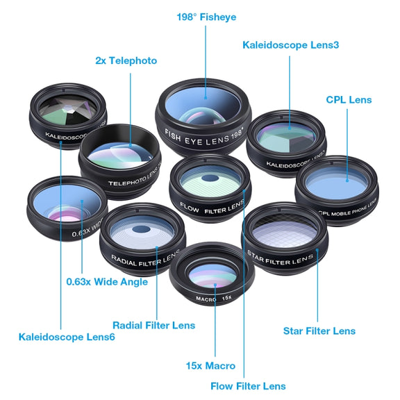 APEXEL APL-DG10 Macro Wide-angle Fisheye Telephoto CPL Flow Filter Radial Filter Star Filter Kaleidoscope 3 & 6 Lens Kit, For iPhone, Samsung, Huawei, Xiaomi, HTC and Other Smartphones, Ultra-thin Digital Camera