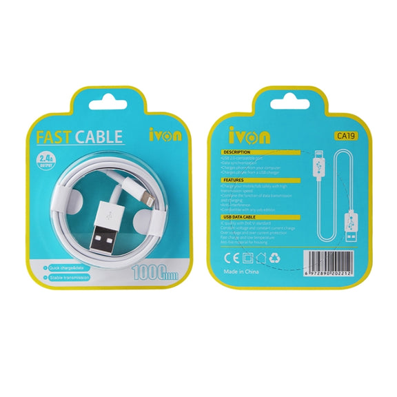 IVON CA19 2.4A USB to 8 Pin Fast Charge Data Cable for iPhone, iPad, Length: 1m