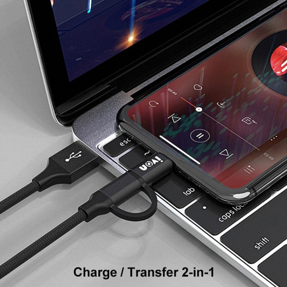 IVON CA51 2.4A USB to 8 Pin + Micro USB 2 in 1 Charging Sync Data Cable, Length: 1m(Black)