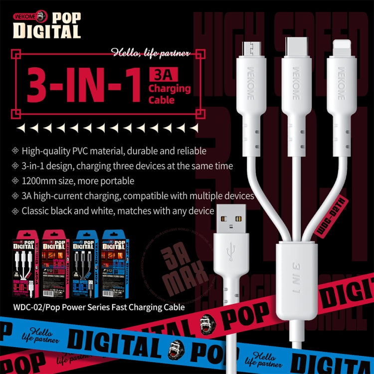 WEKOME WDC-02 Tidal Energy Series 3A USB to 8 Pin+Type-C+Micro USB 3 in 1 PVC Data Cable, Length: 1.2m (White) - free shipping - PMC TechLife - Order now!