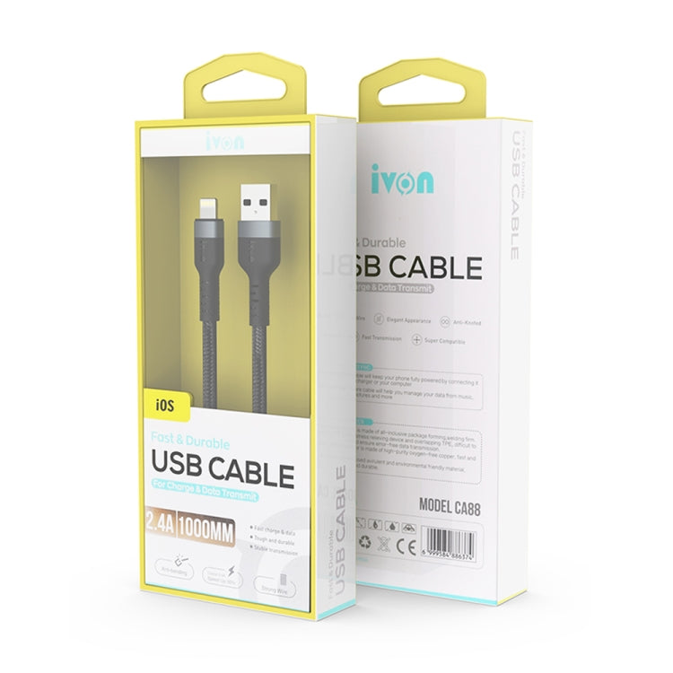 IVON CA88 12W 2.4A USB to 8 Pin Nylon Braid Fast Charge Data Cable, Cable Length: 1m (Black) - Normal Style Cable by IVON | Online Shopping South Africa | PMC TechLife