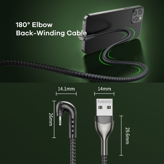 REMAX RC-177i Heymanba II 2.1A USB to 8 Pin 180 Degrees Elbow Zinc Alloy Braided Gaming Data Cable, Cable Length: 1m(Black)