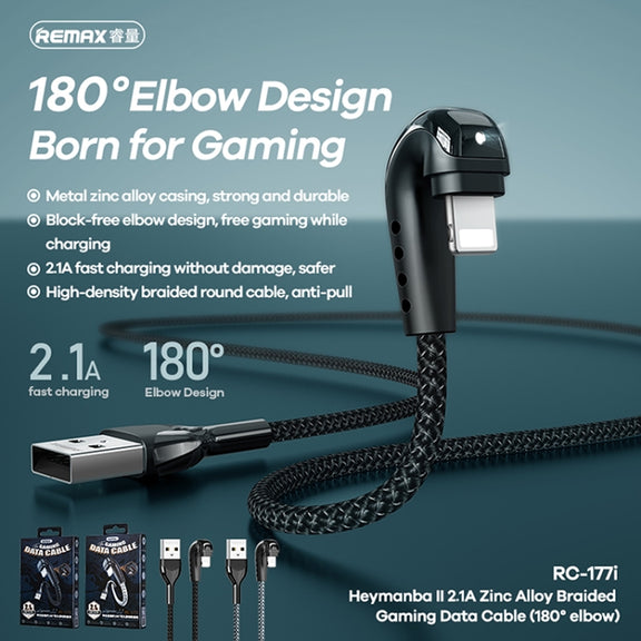REMAX RC-177i Heymanba II 2.1A USB to 8 Pin 180 Degrees Elbow Zinc Alloy Braided Gaming Data Cable, Cable Length: 1m(Black)