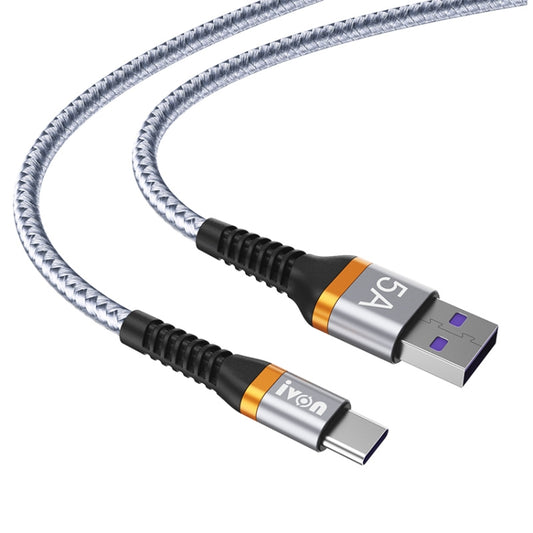 IVON CA79 5A Type-C / USB-C Aluminum Alloy Braided Fast Charging Data Cable for Huawei, Length: 1m (Silver Grey) - USB-C & Type-C Cable by IVON | Online Shopping South Africa | PMC Jewellery | Buy Now Pay Later Mobicred