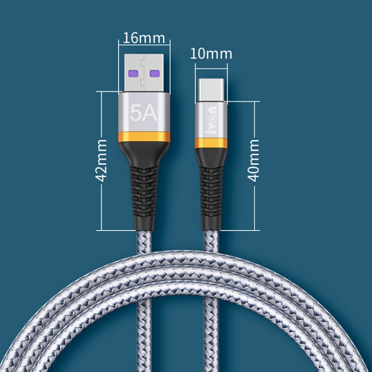 IVON CA79 5A Type-C / USB-C Aluminum Alloy Braided Fast Charging Data Cable for Huawei, Length: 1m (Silver Grey) - USB-C & Type-C Cable by IVON | Online Shopping South Africa | PMC TechLife | Buy Now Pay Later Mobicred