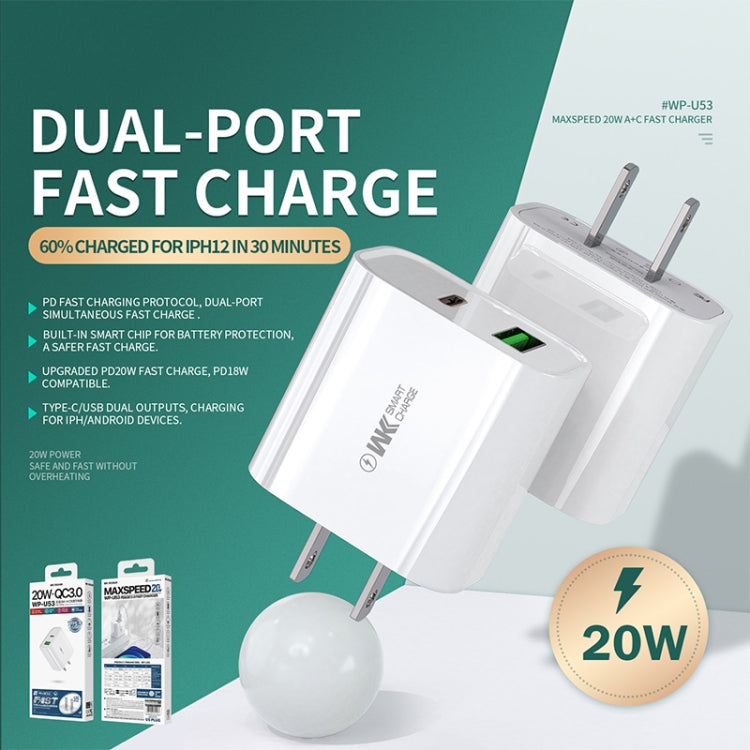 WK WP-U53 QC3.0 Charger 20W USB Type-C Maxspeed PD Fast Charger(UK Plug)