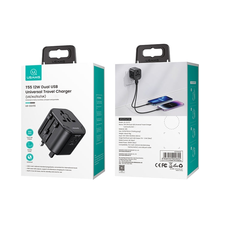 USAMS US-CC173 T55 12W Universal Multi Plug Travel Charger(Black) - free shipping - PMC TechLife - Order now!