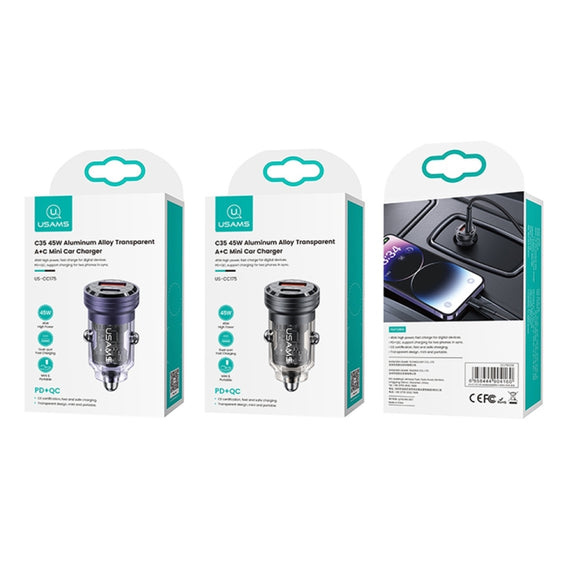 USAMS US-CC175 C35 45W Aluminum Alloy Transparent Dual USB Port Mini Car Charger (Black)