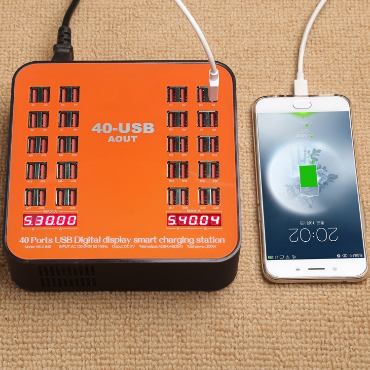 WLX-840 200W 40 Ports USB Digital Display Smart Charging Station AC100-240V, AU Plug (Black+Orange)