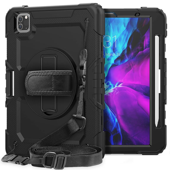 For iPad Pro 11 inch (2018) / Pro 11 inch (2020) Shockproof Colorful Silica Gel + PC Protective Tablet Case with Holder & Shoulder Strap & Hand Strap & Pen Slot(Black)