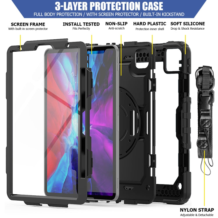 For iPad Pro 11 inch (2018) / Pro 11 inch (2020) Shockproof Colorful Silica Gel + PC Protective Tablet Case with Holder & Shoulder Strap & Hand Strap & Pen Slot(Black)