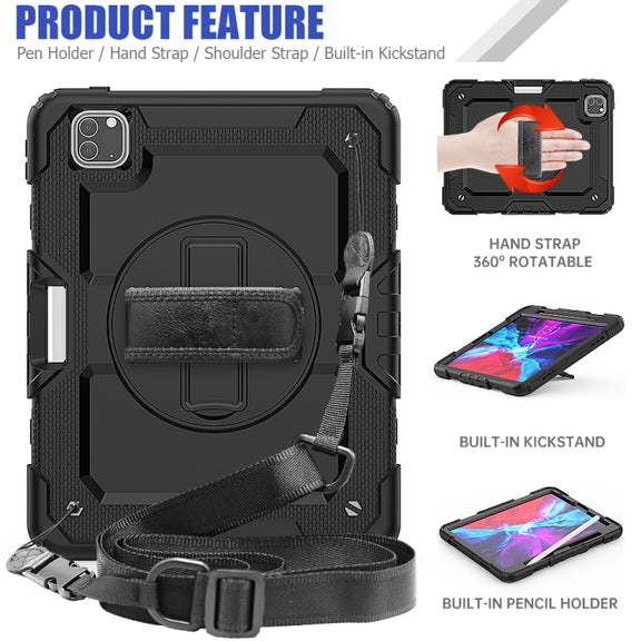 For iPad Pro 11 inch (2018) / Pro 11 inch (2020) Shockproof Colorful Silica Gel + PC Protective Tablet Case with Holder & Shoulder Strap & Hand Strap & Pen Slot(Black)