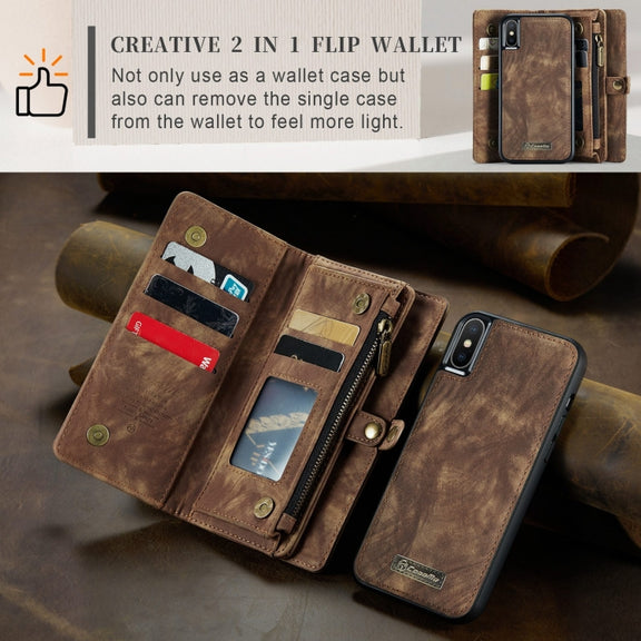 For iPhone X / XS CaseMe-008 TPU + PC Magnetic Absorption Detachable Back Cover Horizontal Flip Leather Case with Holder & Card Slots & Zipper Wallet & Photo Frame(Brown)