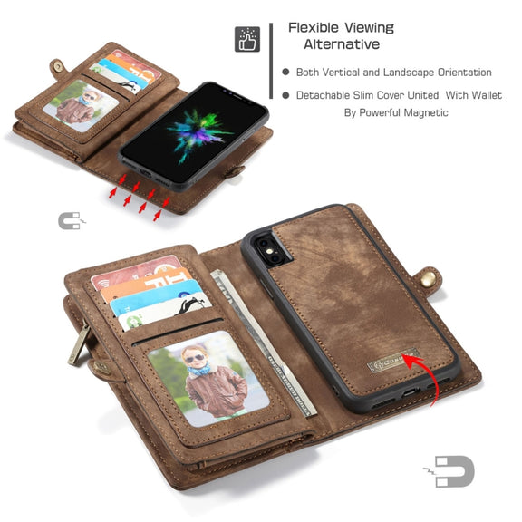 For iPhone X / XS CaseMe-008 TPU + PC Magnetic Absorption Detachable Back Cover Horizontal Flip Leather Case with Holder & Card Slots & Zipper Wallet & Photo Frame(Brown)