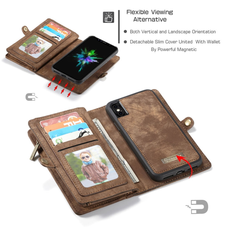 For iPhone X / XS CaseMe-008 TPU + PC Magnetic Absorption Detachable Back Cover Horizontal Flip Leather Case with Holder & Card Slots & Zipper Wallet & Photo Frame(Brown)