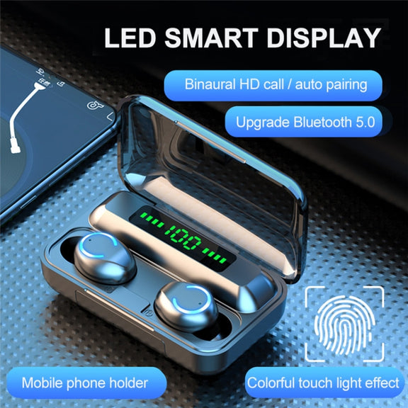 F9-9 TWS CVC8.0 Noise Cancelling Bluetooth Earphone with Charging Box, Support Touch Lighting Effect & Three-screen LED Power Display & Power Bank & Mobile Phone Holder & HD Call & Voice Assistant(Black)