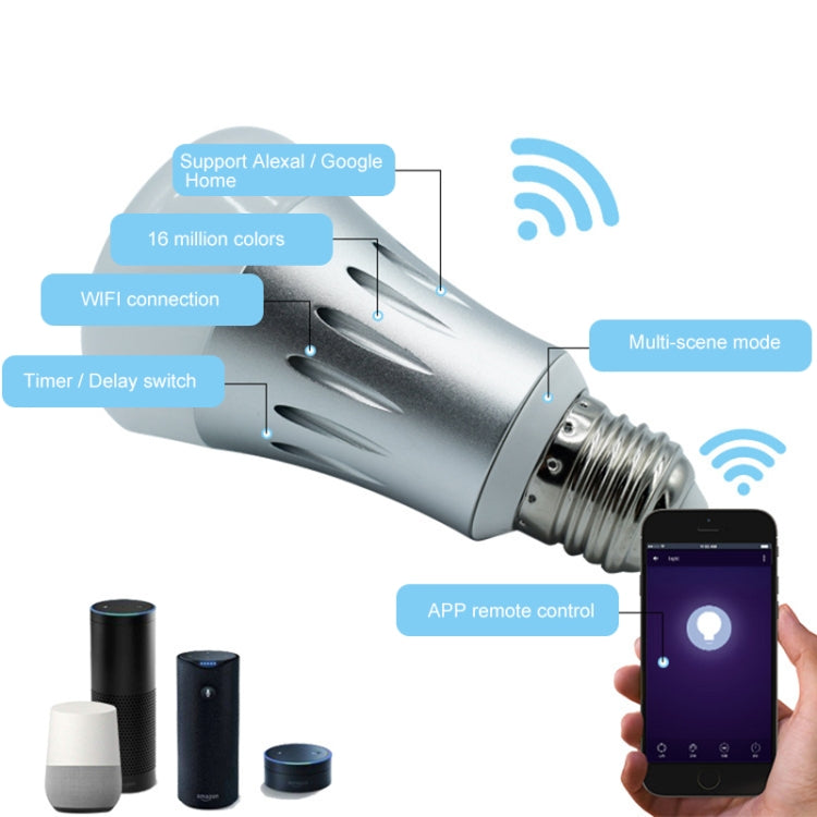 E27 7W White Light+RGB Smart LED Light Bulb, WiFi 2.4GHz Works with Alexa & Google Home, FCC / CE / RoHS Certificated, AC 85-265V - Smart Light Bulbs by PMC TechLife | Online Shopping South Africa | PMC TechLife