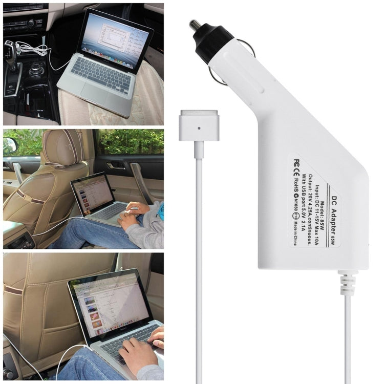 85W 20V 4.25A 5 Pin T Style MagSafe 2 Car Charger with 1 USB Port for Apple Macbook A1398 / A1424 / MC975 / MC976 / ME664 / ME665, Length: 1.7m (White)