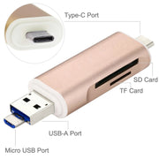 3 in 1 Type-c & Micro USB & USB 2.0 3 Ports SD / TF Card Reader for OTG Enabled Smartphones / PC(Gold)