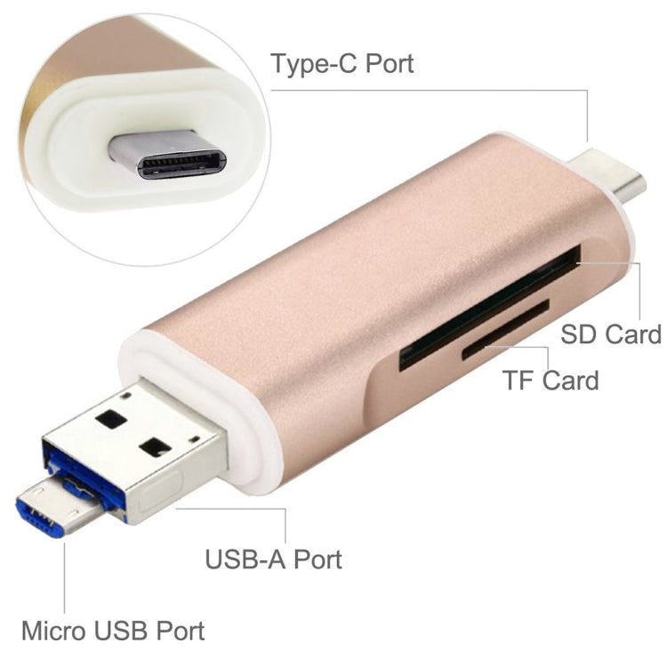 3 in 1 Type-c & Micro USB & USB 2.0 3 Ports SD / TF Card Reader for OTG Enabled Smartphones / PC(Gold)