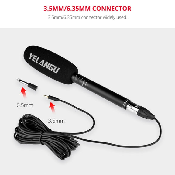 YELANGU YLG9933A MIC07 Professional Interview Condenser Video Shotgun Microphone with 6.5mm Audio Adapter & 3.5mm RXL Audio Cable(Black)