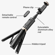 Q12 Hidden Design Reinforced Bluetooth Remote Control Tripod Selfie Stick (Black)