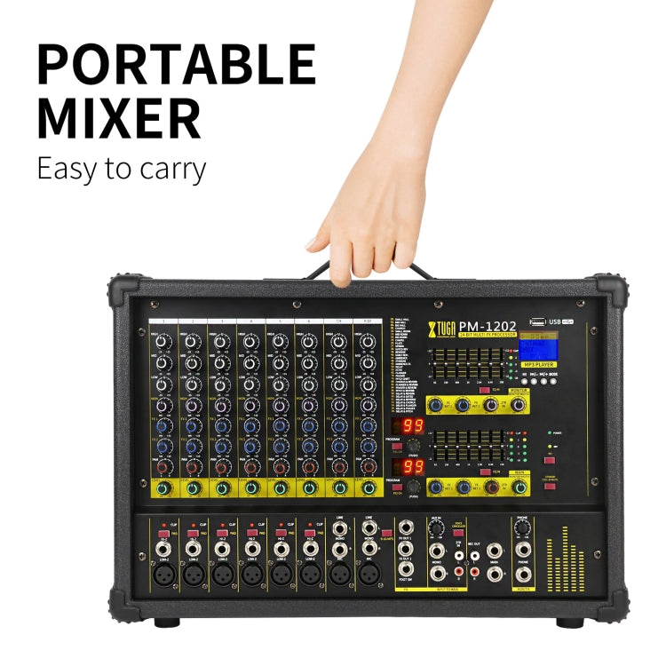 XTUGA PM1202 900W 10 Channel Stage Power Mixer 24Bit Multil-FX Processor Dual 99 DSP Effect DJ Amplifier (EU Plug)