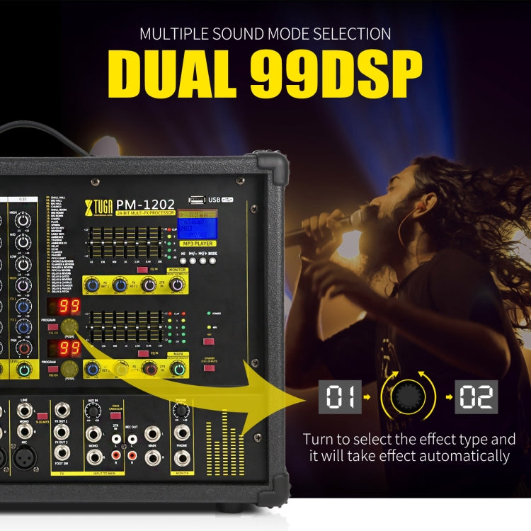 XTUGA PM1202 900W 10 Channel Stage Power Mixer 24Bit Multil-FX Processor Dual 99 DSP Effect DJ Amplifier (EU Plug) - Live Sound Effects Processors by XTUGA | Online Shopping South Africa | PMC TechLife
