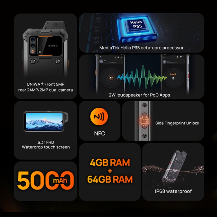 UNIWA W888 Explosion-proof Rugged Phone, 4GB+64GB, IP68 Water-resistant Dustproof Shockproof, 5000mAh Battery, 6.3 inch Android 11 MTK6765 Helio P35 Octa Core up to 2.35GHz, Network: 4G, NFC, OTG(Black+Orange) - UNIWA by UNIWA | Online Shopping South Africa | PMC TechLife