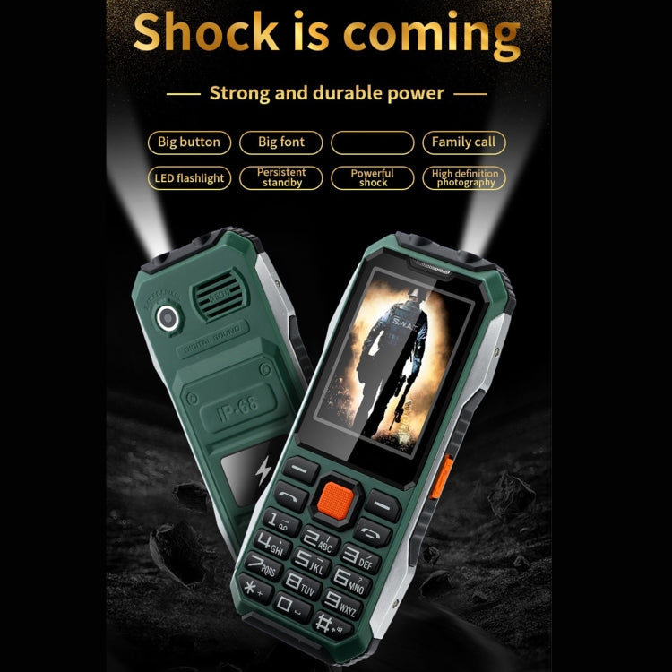 A6 Triple Proofing Elder Phone, Water-resistant Shockproof Dustproof, 6800mAh Battery, 2.4 inch, 21 Keys, Bluetooth, LED Flashlight, FM, SOS, Dual SIM, Network: 2G(Green)