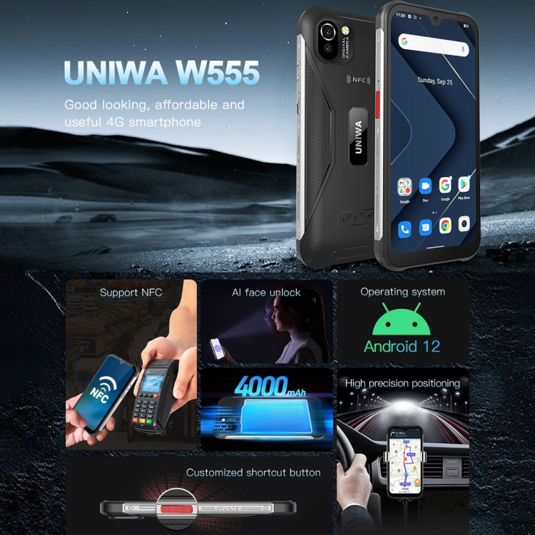 UNIWA W555 Rugged Phone, 3GB+32GB, Dual Rear Cameras, IP68 Water-resistant Dustproof Shockproof, 5.71 inch Android 12.0 MTK6761 Quad Core up to 2.0GHz, Network: 4G, NFC, OTG, Global Version (Black)