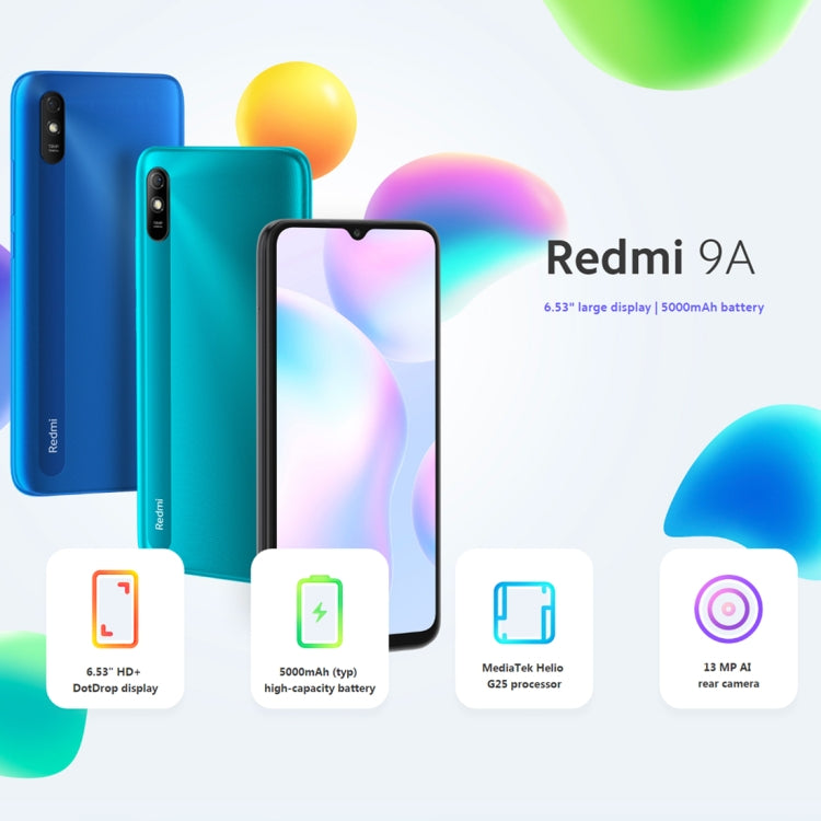 Xiaomi Redmi 9A, 4GB+64GB, 5000mAh Battery, Face Identification, 6.53 inch MIUI 12 MTK Helio G25 Octa Core up to 2.0GHz, Network: 4G, Dual SIM, Support Google Play(Black) - free shipping - PMC TechLife - Order now!