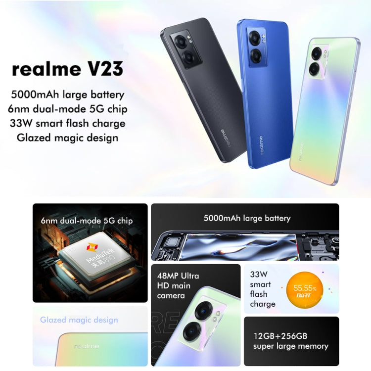 Realme V23 5G, 48MP Camera, 8GB+256GB, Dual Back Cameras, Side Fingerprint Identification, 5000mAh Battery, 6.58 inch Realme UI 3.0 / Android 12 MediaTek Dimensity 810 Octa Core up to 2.4GHz, Network: 5G, Support Google Play(Black) - free shipping - PMC TechLife - Order now!