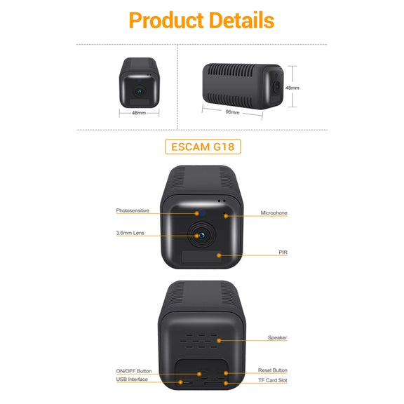ESCAM G18 1080P Full HD Rechargeable Battery WiFi IP Camera, Support Night Vision / PIR Motion Detection / TF Card / Two Way Audio (Black)